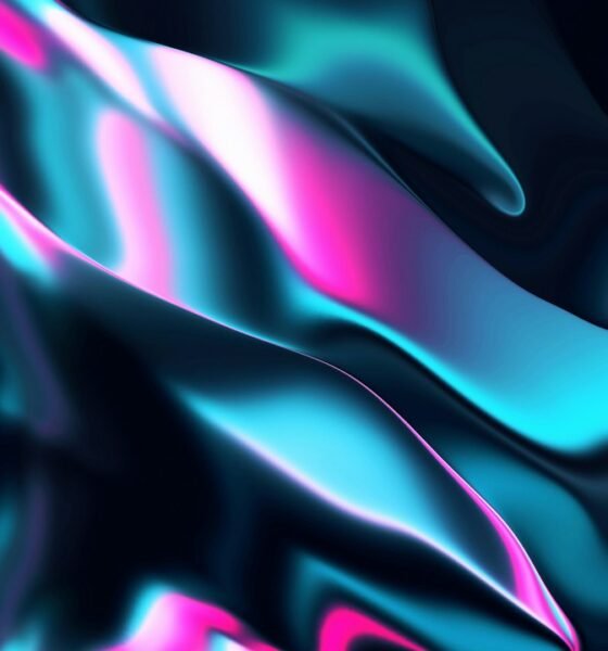 Abstract blue and pink wavy lines on a digital art background