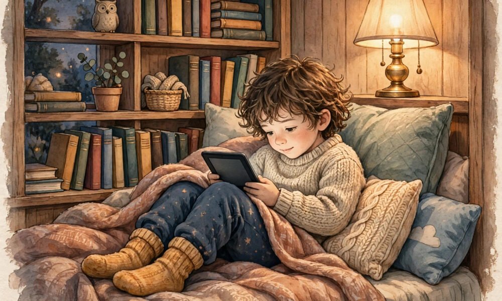 Child reading on an e-reader in a cozy reading nook