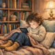 Child reading on an e-reader in a cozy reading nook
