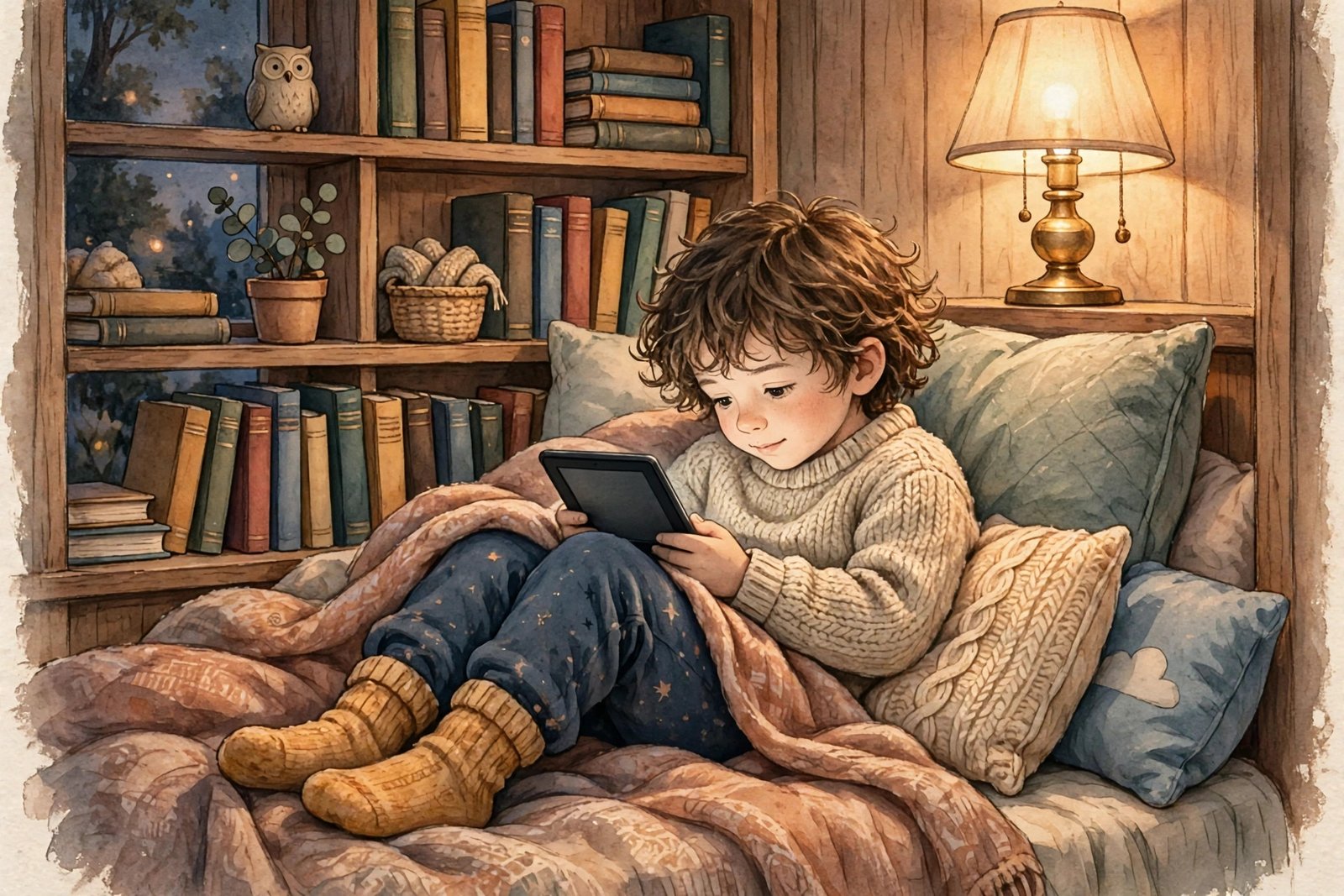 Child reading on an e-reader in a cozy reading nook