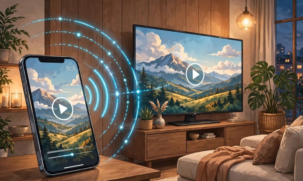 Smartphone casting its screen wirelessly to a TV