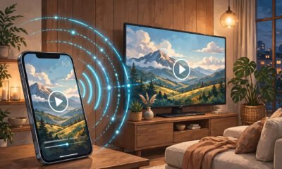 Smartphone casting its screen wirelessly to a TV