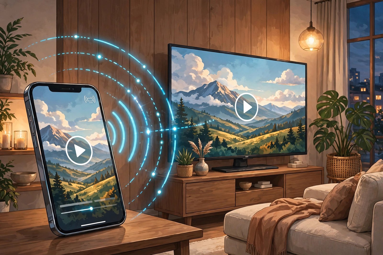 Smartphone casting its screen wirelessly to a TV