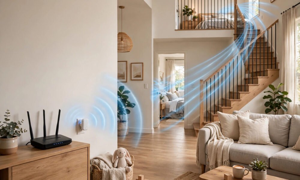 WiFi extender boosting signal across a large home