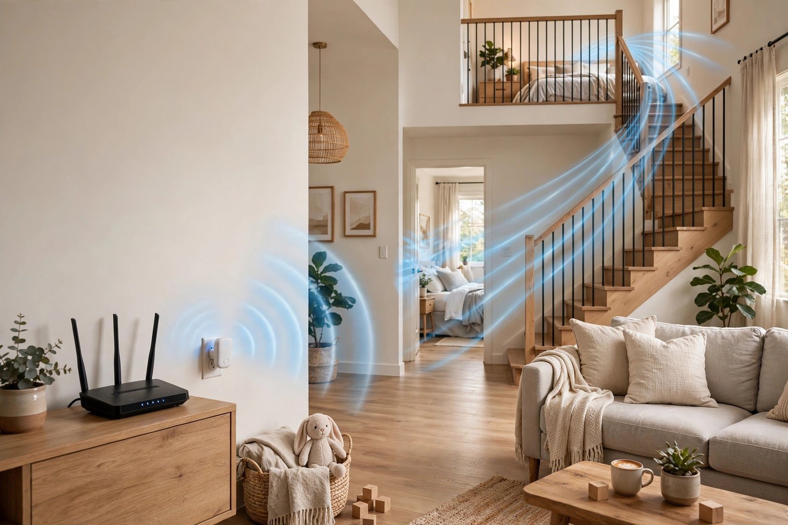 WiFi extender boosting signal across a large home