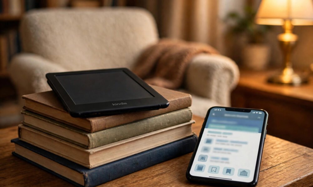 Kindle e-reader with library books and phone showing library app