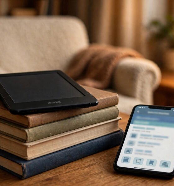 Kindle e-reader with library books and phone showing library app