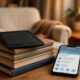 Kindle e-reader with library books and phone showing library app