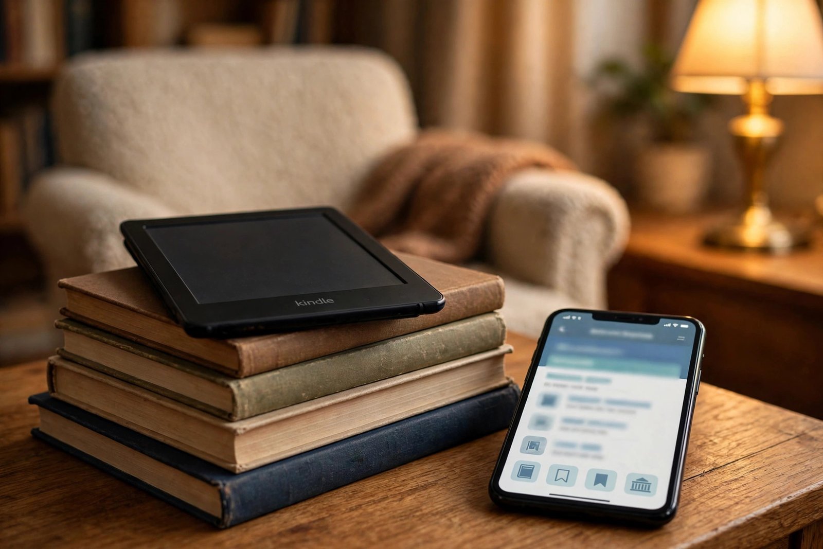 Kindle e-reader with library books and phone showing library app