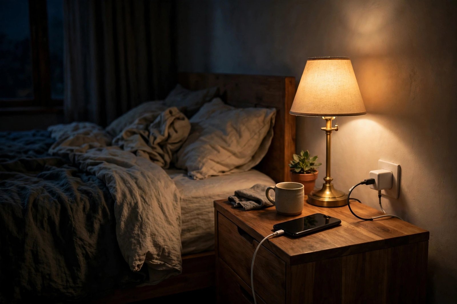 Phone charging overnight on a nightstand