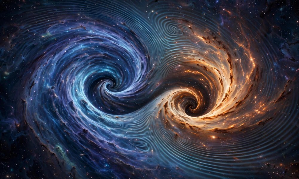 AI-generated cosmic illustration of two wormholes colliding in space