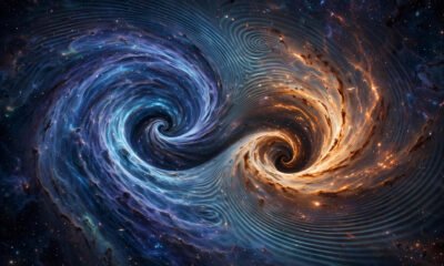 AI-generated cosmic illustration of two wormholes colliding in space