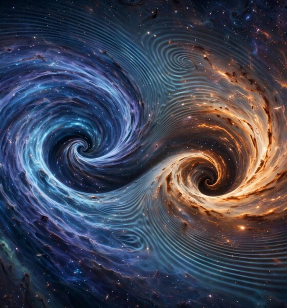 AI-generated cosmic illustration of two wormholes colliding in space