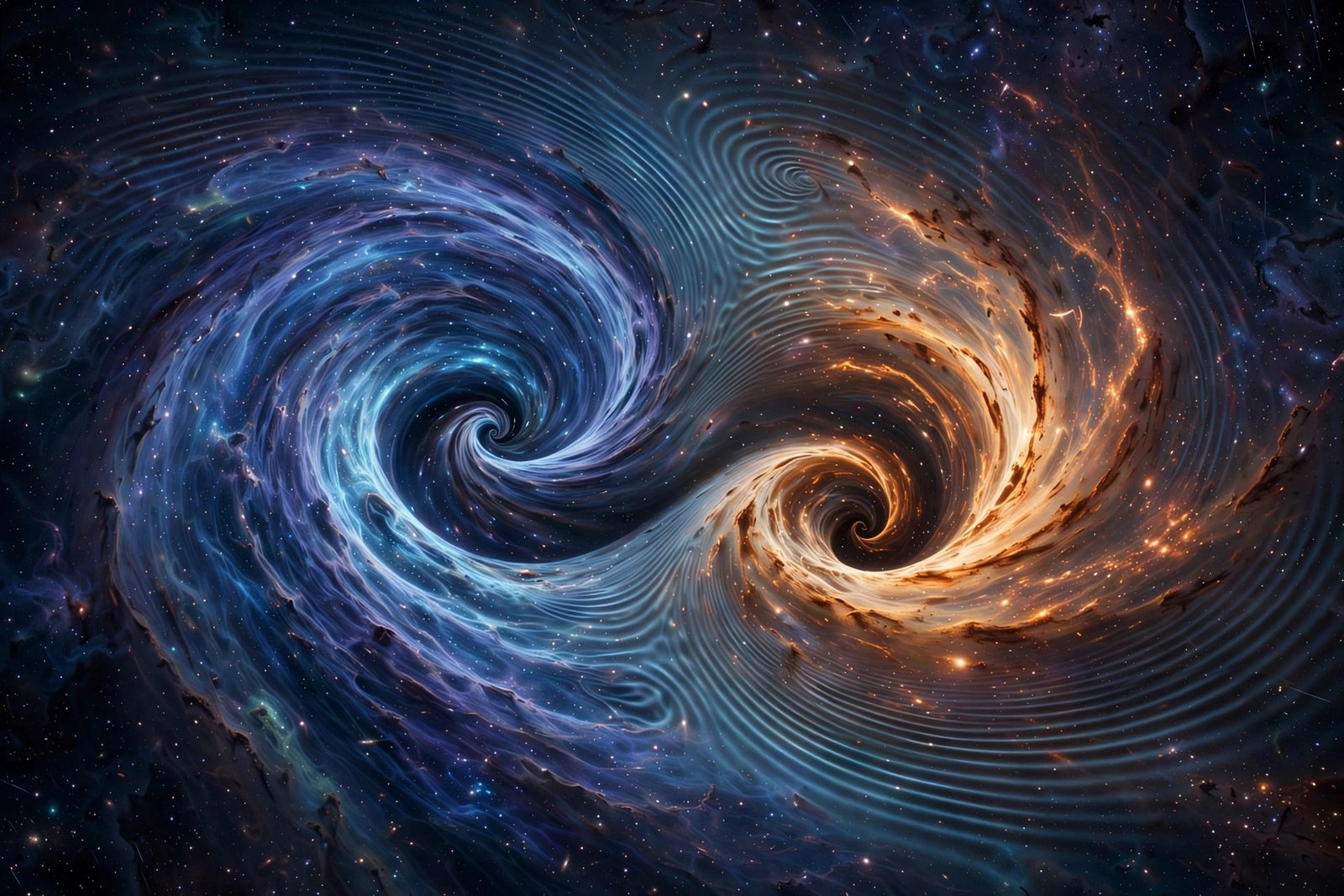 AI-generated cosmic illustration of two wormholes colliding in space