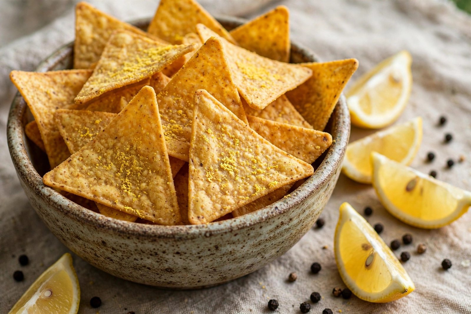 AI-generated illustration of tortilla chips with lemon and black pepper