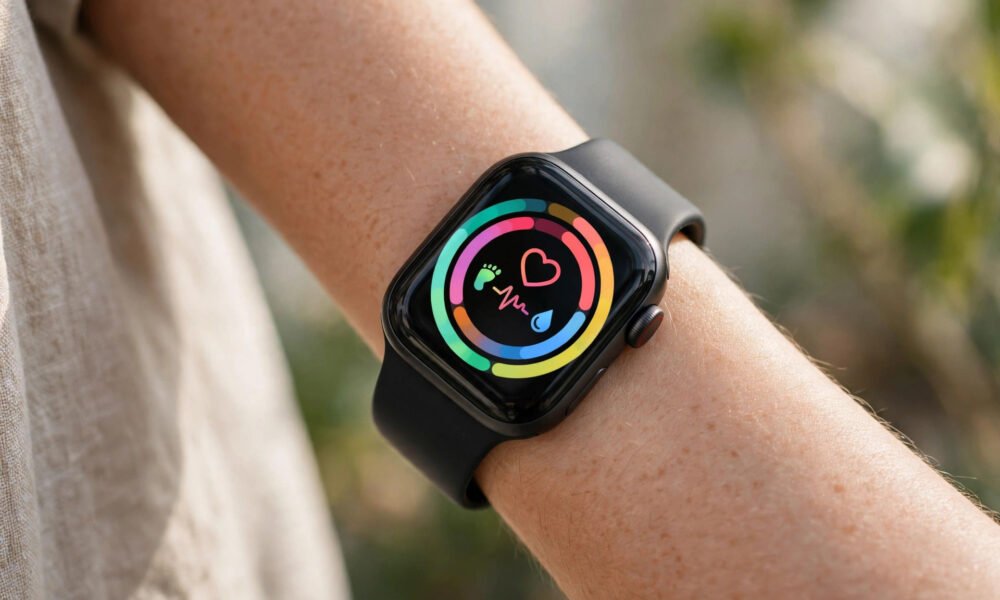 Smartwatch on a wrist showing health stats