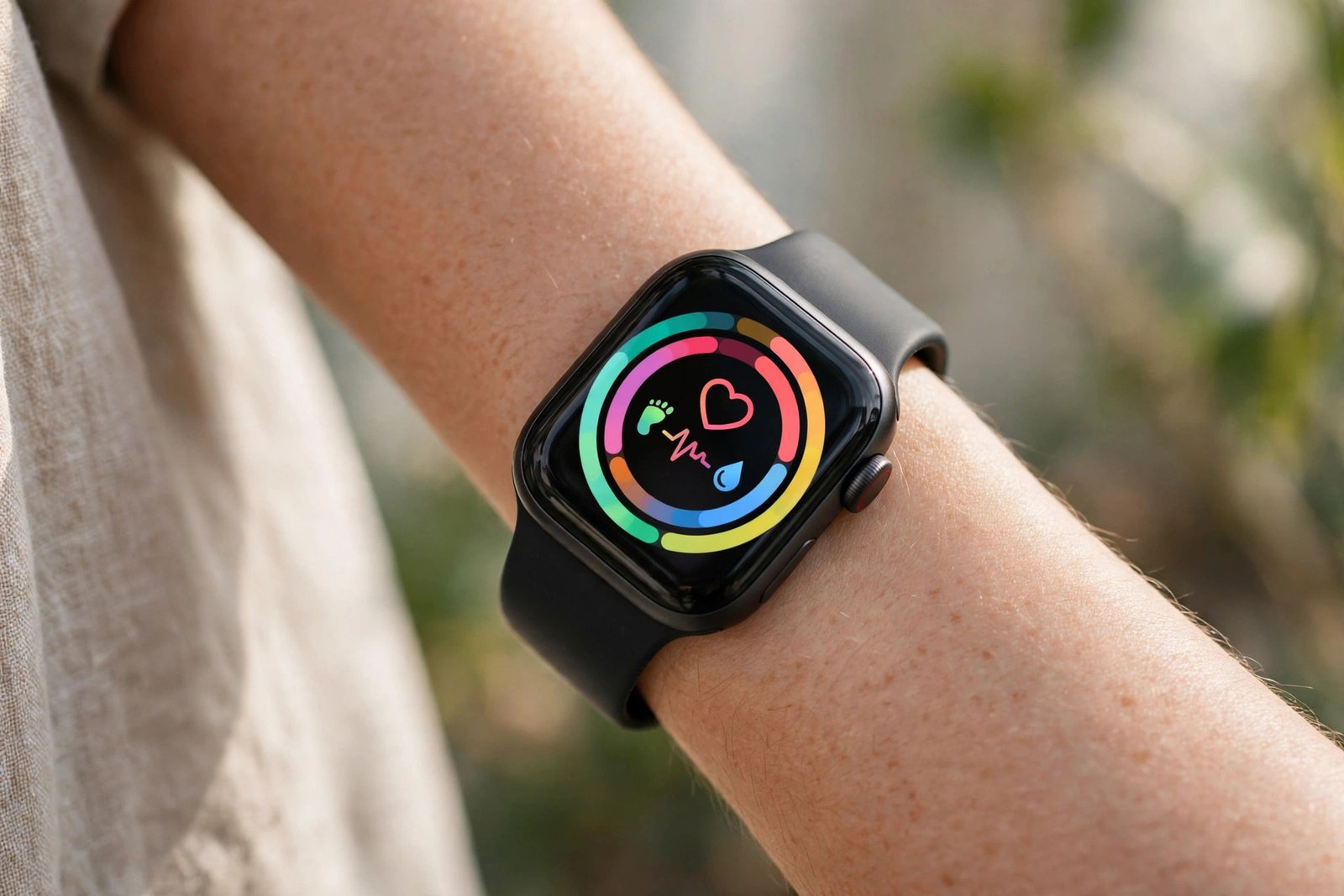 Smartwatch on a wrist showing health stats