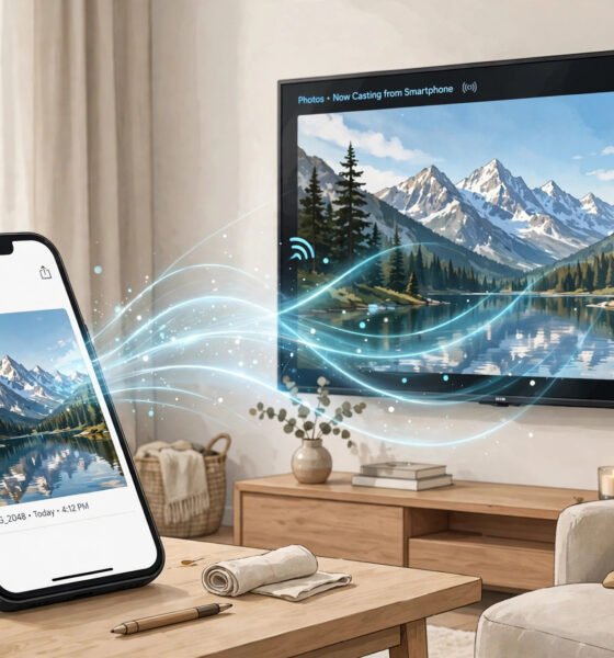 How screen mirroring works: a smartphone wirelessly projecting its screen onto a TV