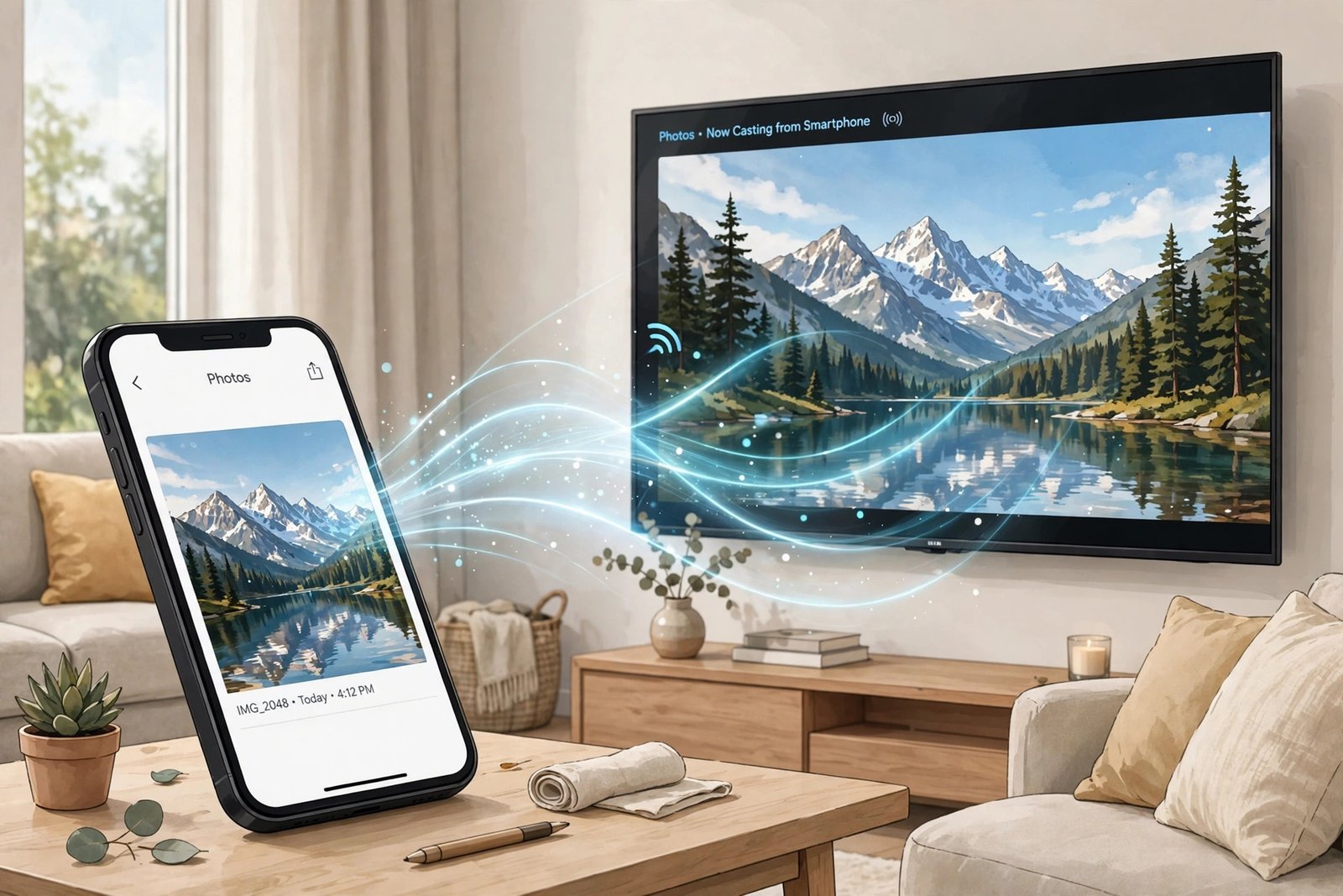 How screen mirroring works: a smartphone wirelessly projecting its screen onto a TV