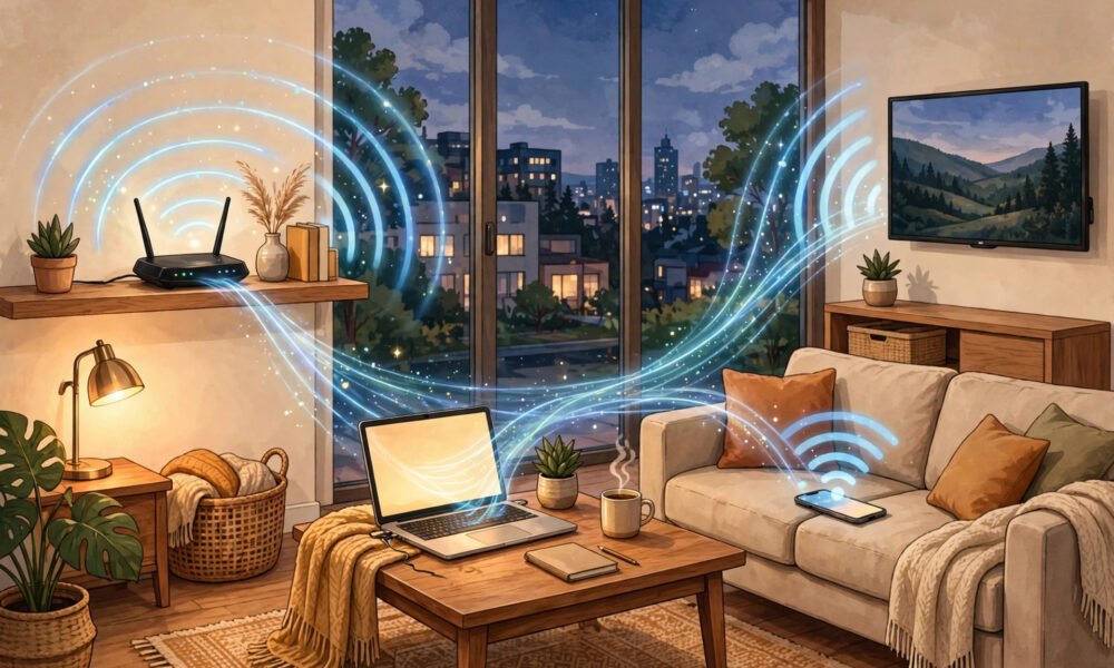How WiFi works - router sending wireless signals to devices at home