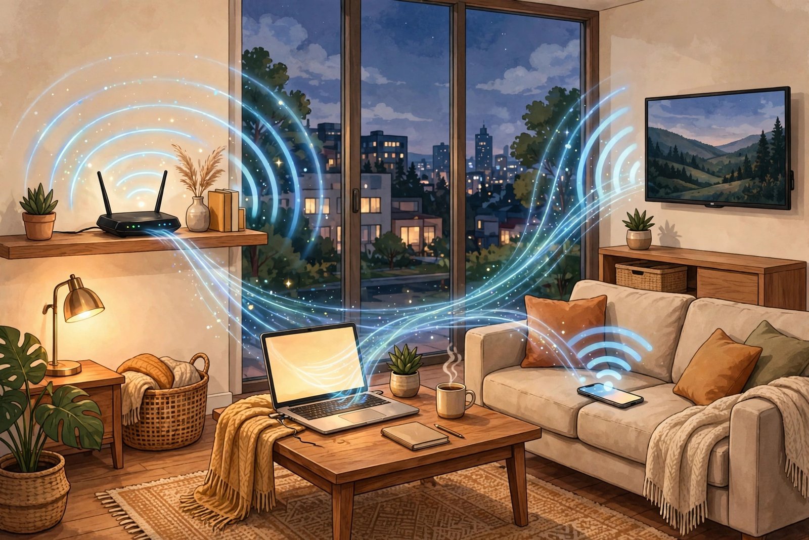 How WiFi works - router sending wireless signals to devices at home