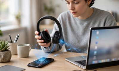 Bluetooth headphones next to a smartphone and laptop