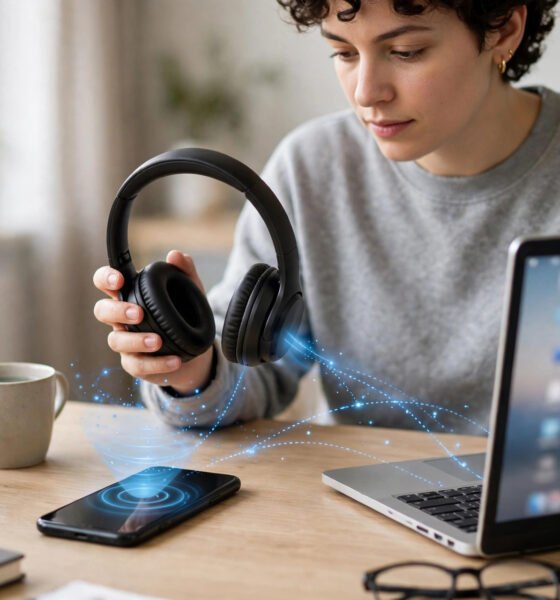 Bluetooth headphones next to a smartphone and laptop