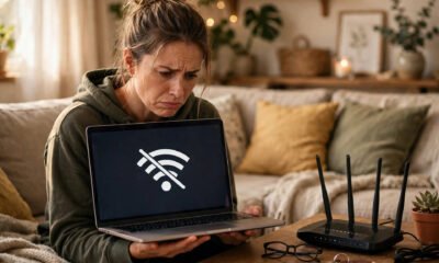 Person with a laptop showing disconnected WiFi, with a home router nearby