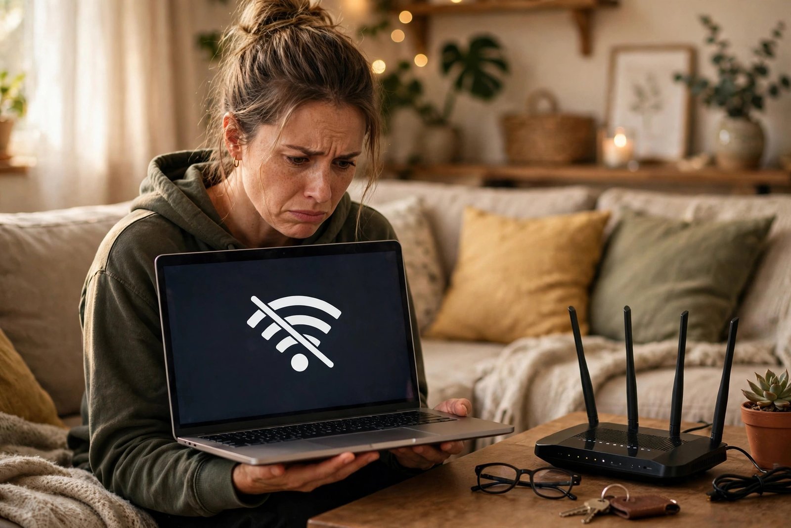Person with a laptop showing disconnected WiFi, with a home router nearby