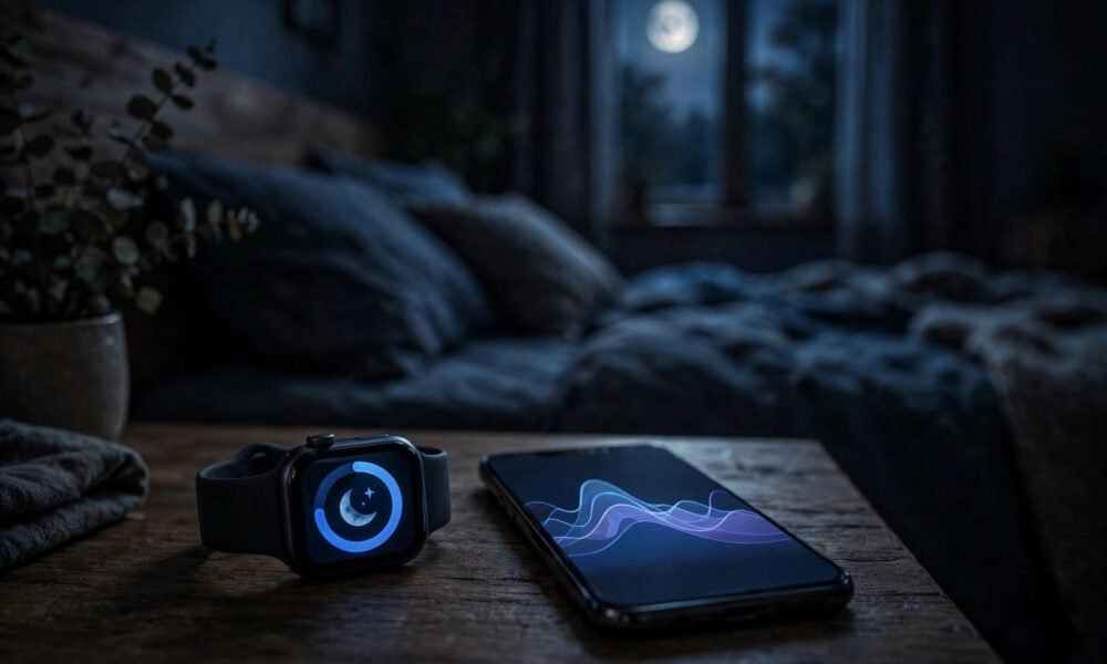 Smartwatch on a bedside table at night next to a phone showing a sleep chart