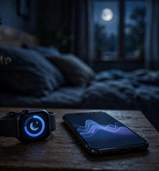 Smartwatch on a bedside table at night next to a phone showing a sleep chart