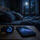 Smartwatch on a bedside table at night next to a phone showing a sleep chart