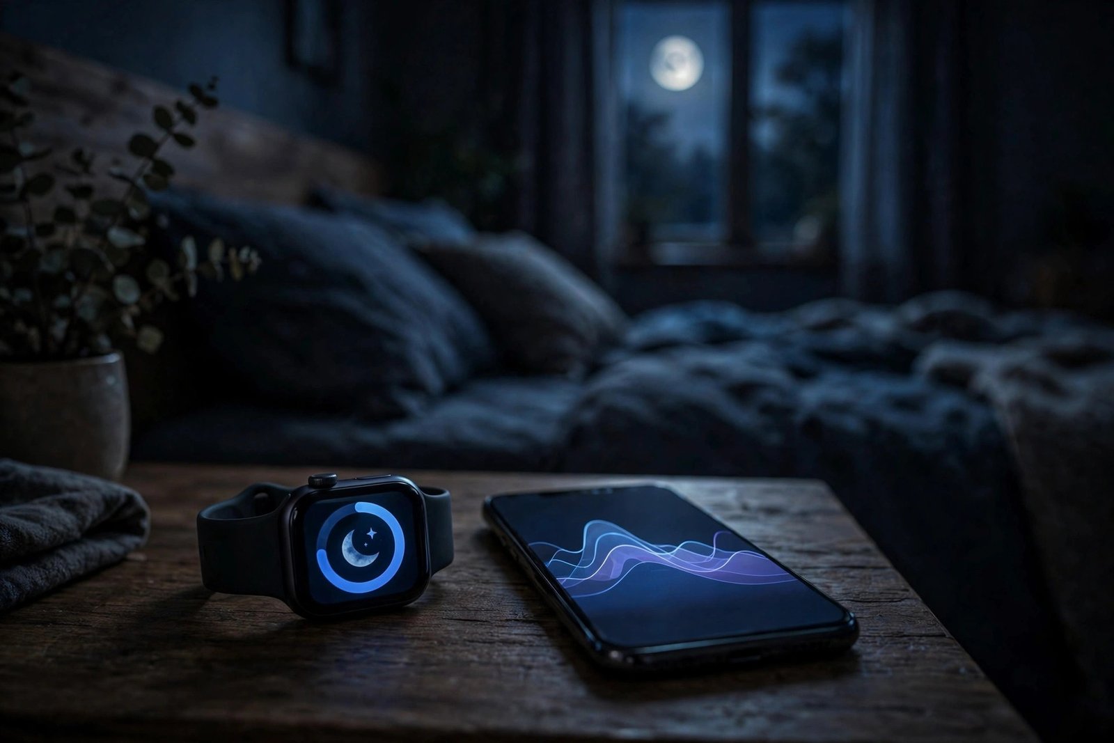 Smartwatch on a bedside table at night next to a phone showing a sleep chart
