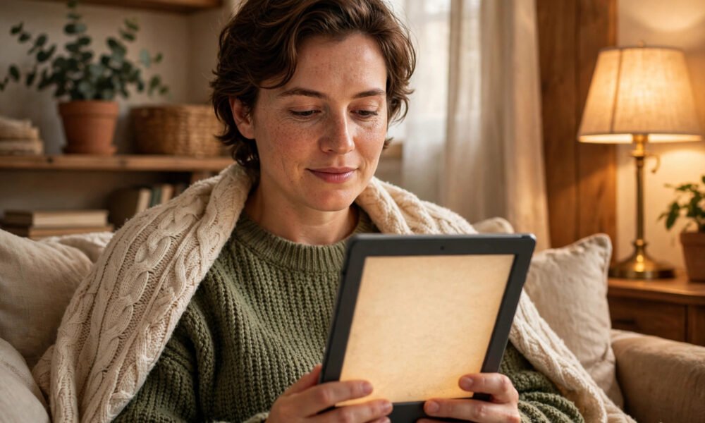 person reading on an e-reader in warm light