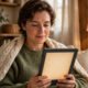 person reading on an e-reader in warm light