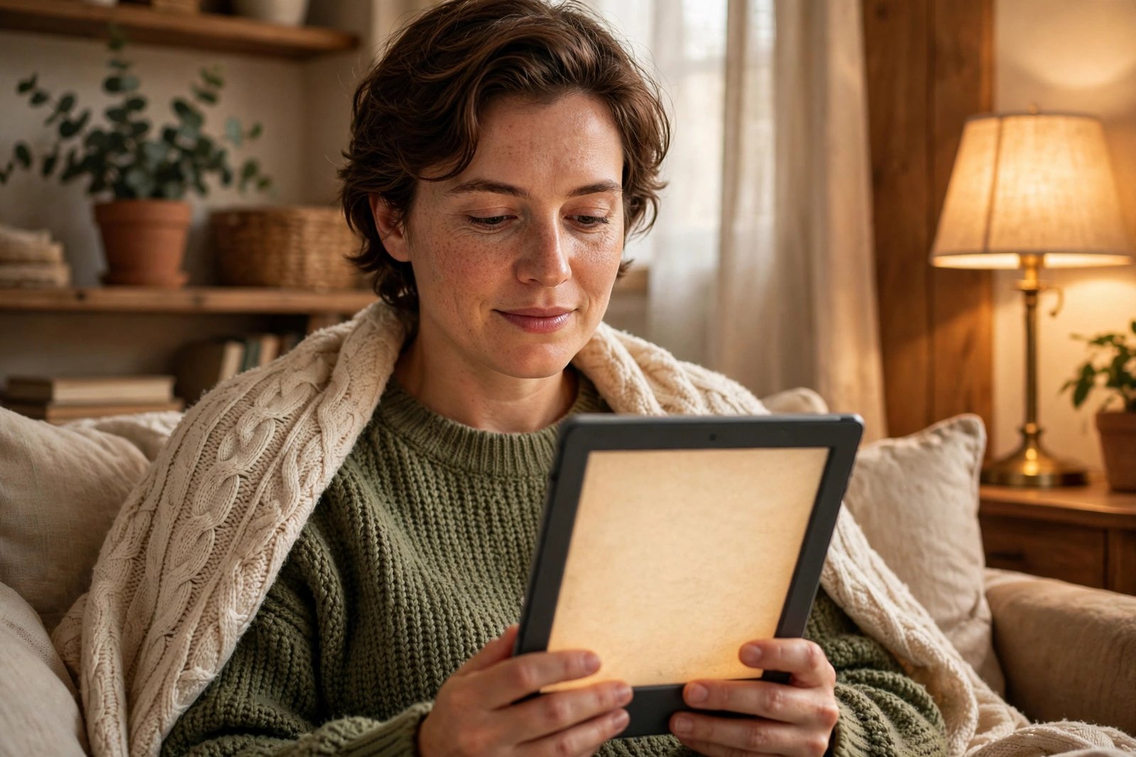 person reading on an e-reader in warm light