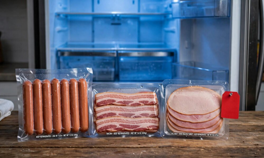 Illustration of packaged hot dogs and deli meats for a recall notice