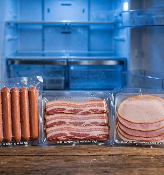 Illustration of packaged hot dogs and deli meats for a recall notice