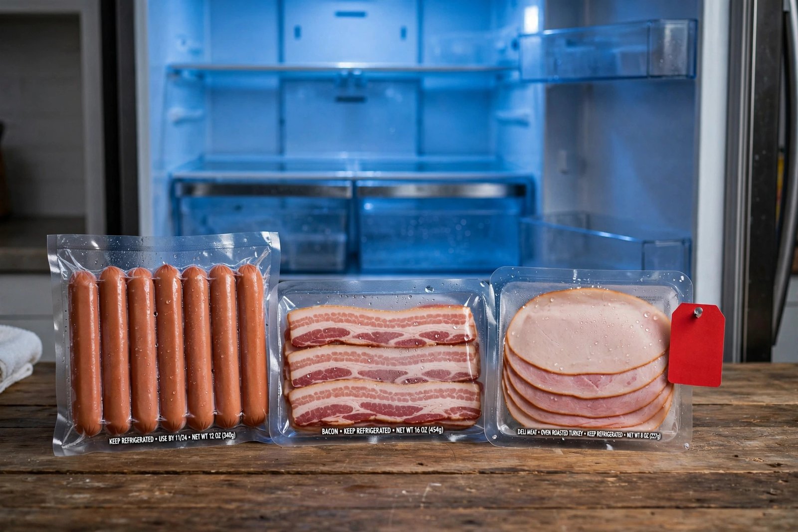 Illustration of packaged hot dogs and deli meats for a recall notice