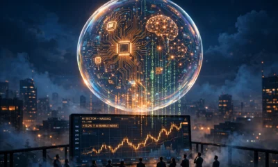 Conceptual illustration of an AI bubble rising over a stock market chart