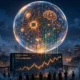 Conceptual illustration of an AI bubble rising over a stock market chart