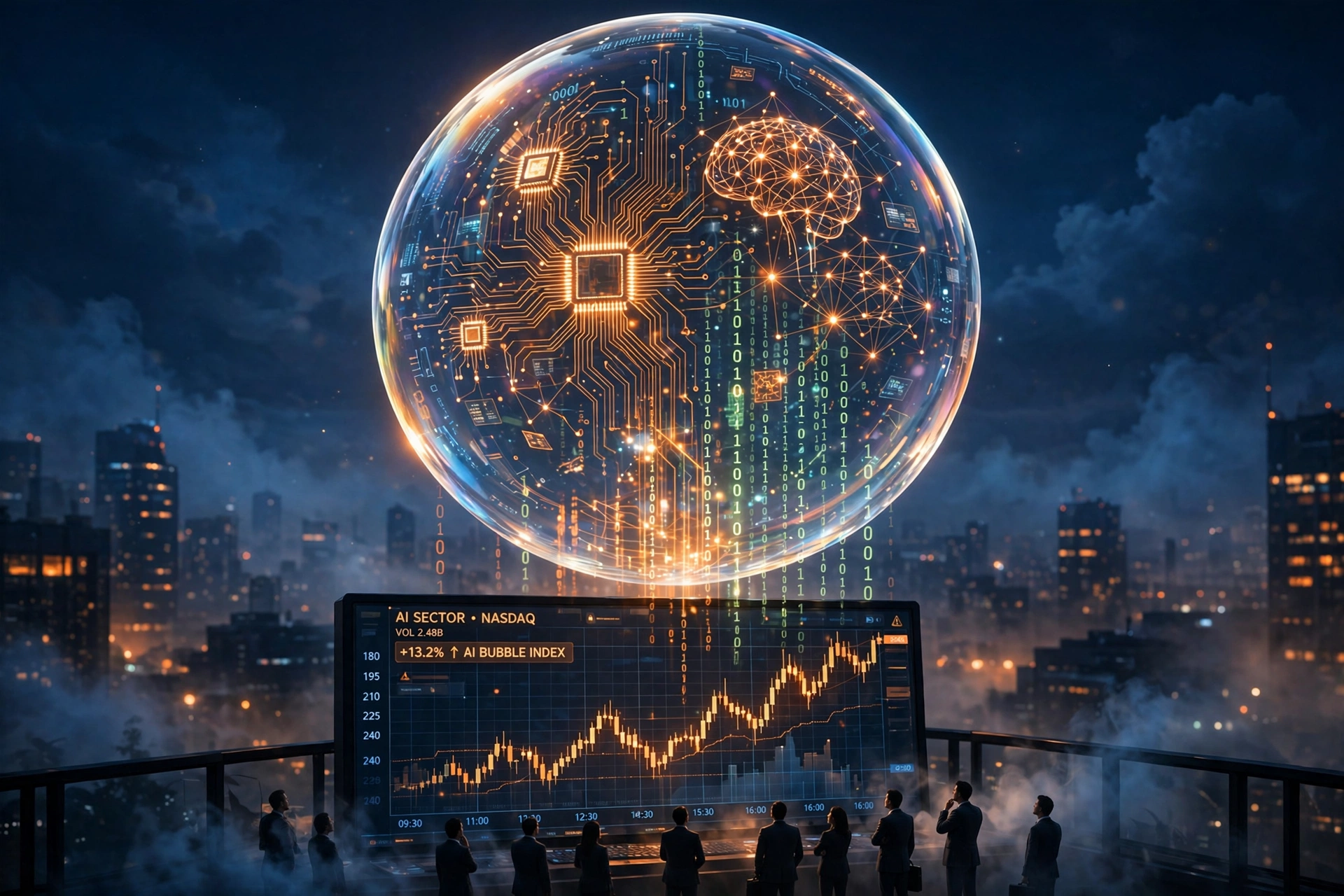 Conceptual illustration of an AI bubble rising over a stock market chart