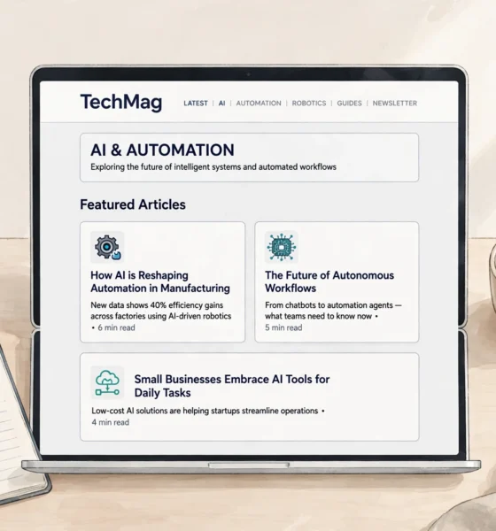 Laptop showing a tech magazine homepage with AI and automation article cards