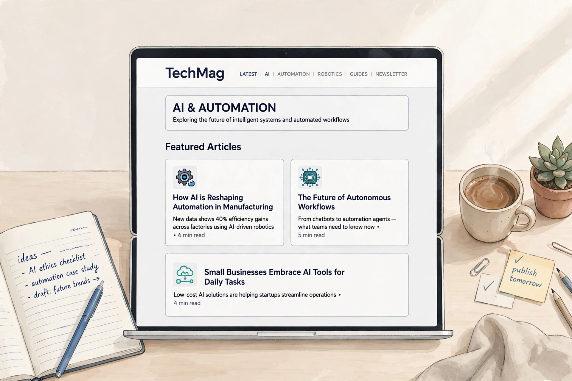 Laptop showing a tech magazine homepage with AI and automation article cards