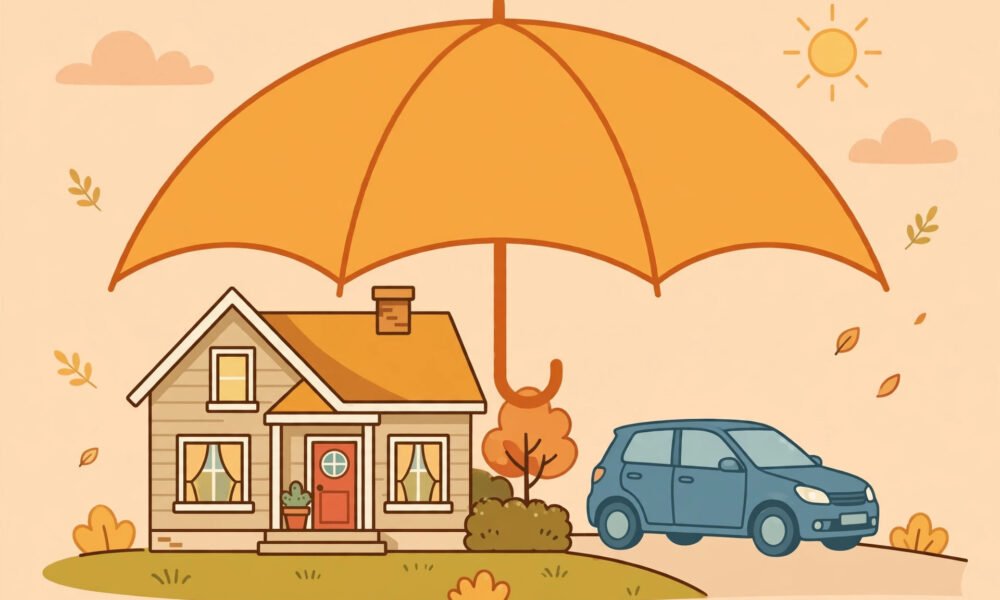 Illustration of a home and car under a large protective umbrella
