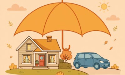 Illustration of a home and car under a large protective umbrella