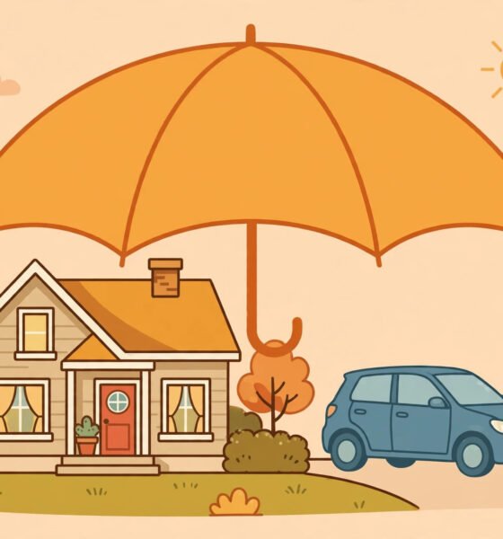 Illustration of a home and car under a large protective umbrella