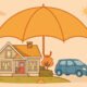 Illustration of a home and car under a large protective umbrella
