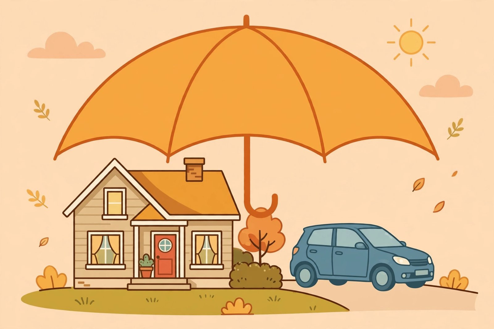 Illustration of a home and car under a large protective umbrella