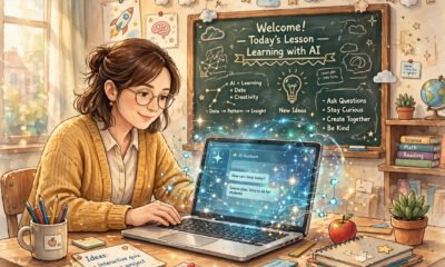 Teacher using AI on a laptop in a classroom